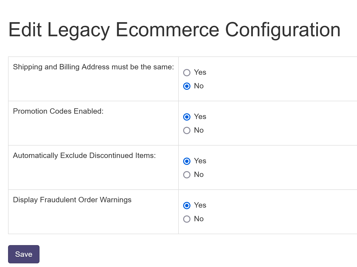 legacy ecommerce configuration fields