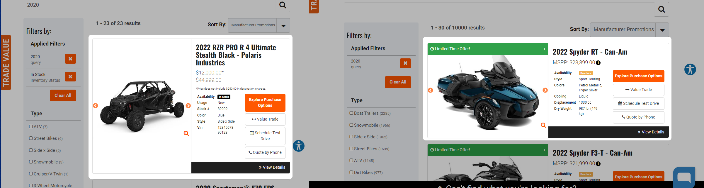 Inventory (Left) and New Model (Right) listings on the SRP put the information most important to your customers front and center.