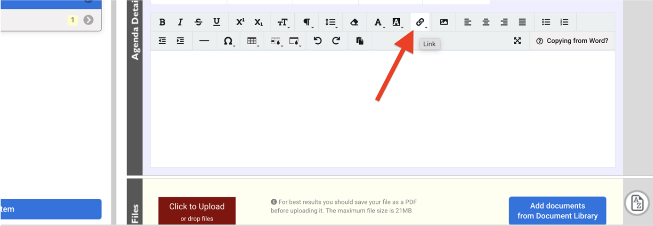 a screen shot highlighting the link icon in the agenda item details editor