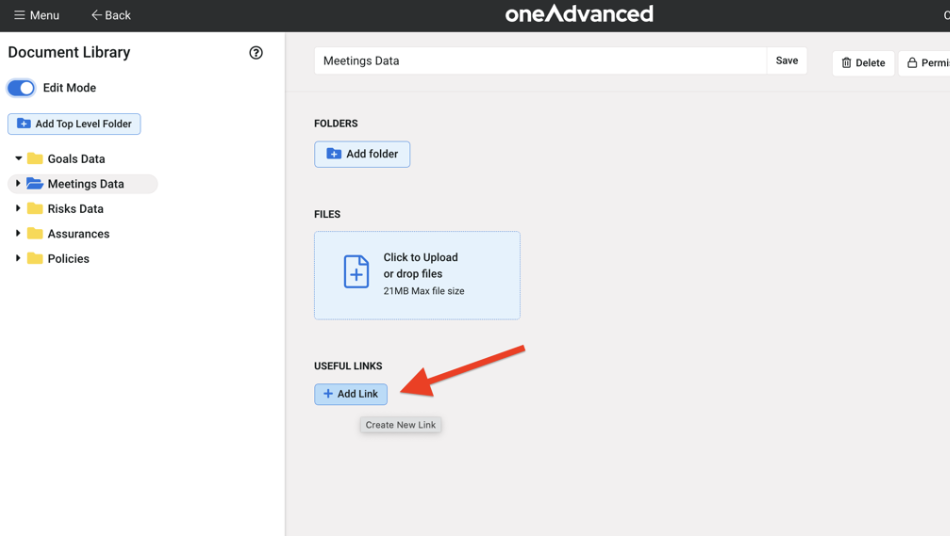 the 'Add Link' button when a folder is in edit mode