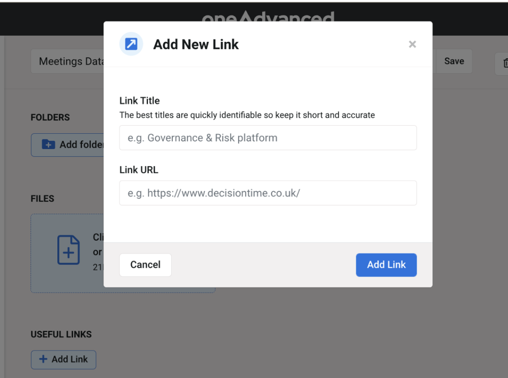 the 'Add Link' window to add a title and the hyperlink