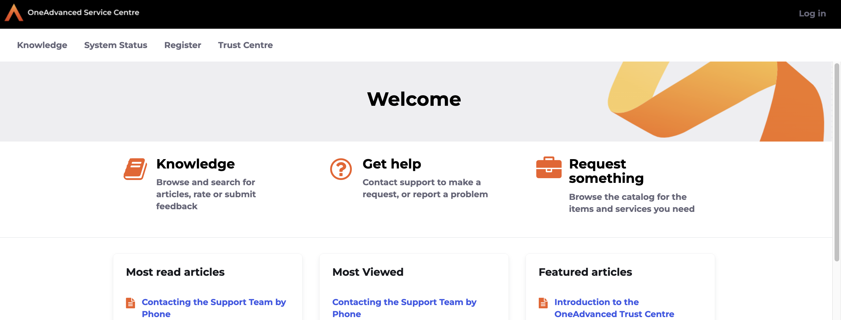 A screenshot of the Service Centre home page.
