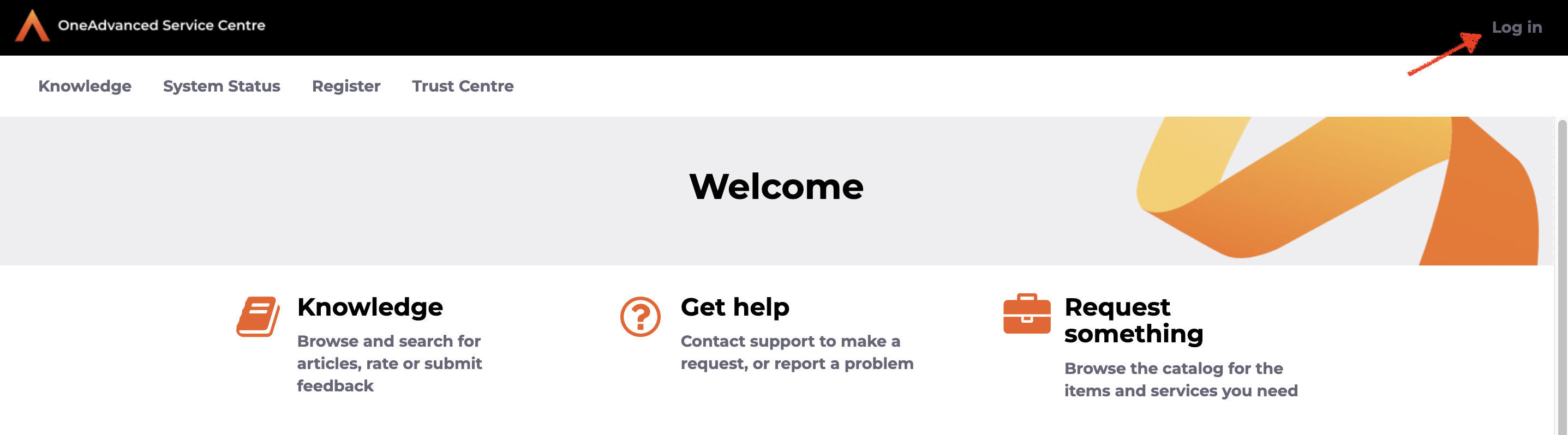 The Service Centre home page, highlighting the Log In button.
