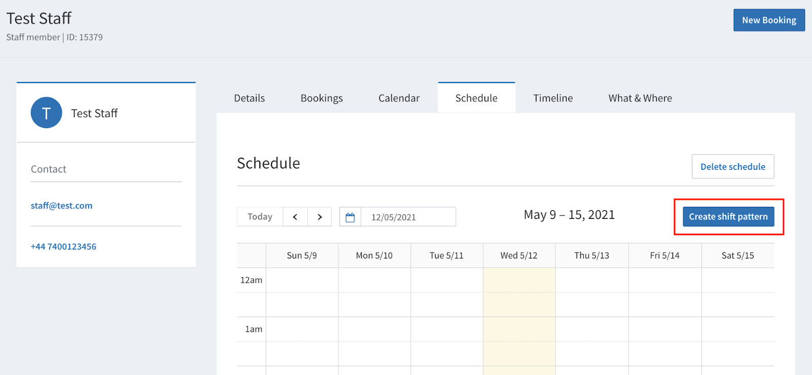 Creating a shift pattern on the staff schedule page