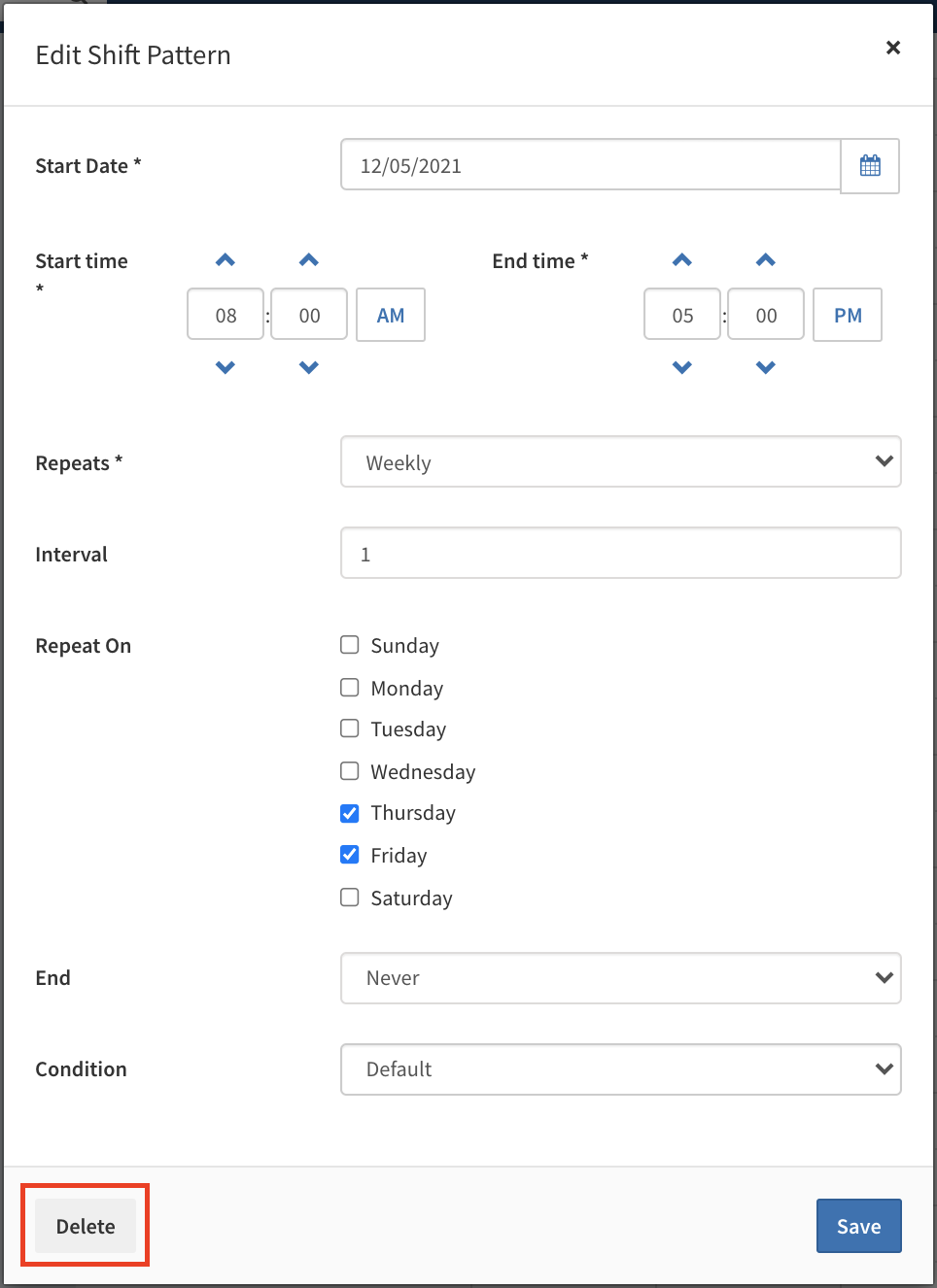 Saving or deleting an updated shift or shift pattern