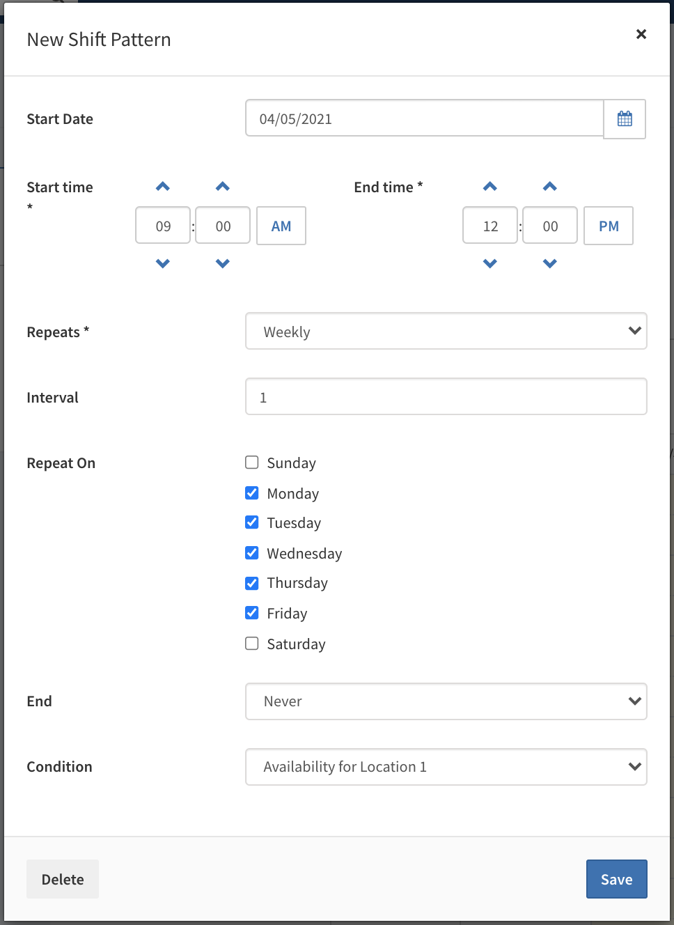 New shift pattern form