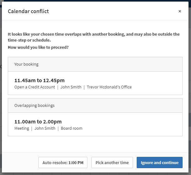 Calendar conflict popup.