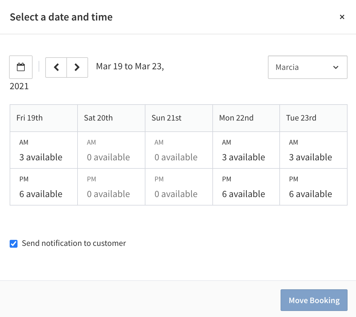 Booking date and time selection