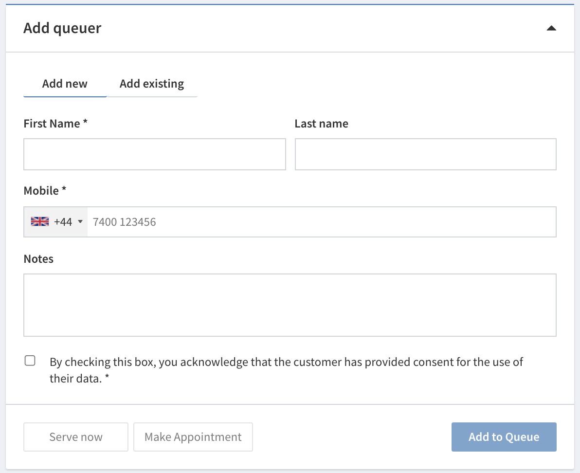 Add new queuer form