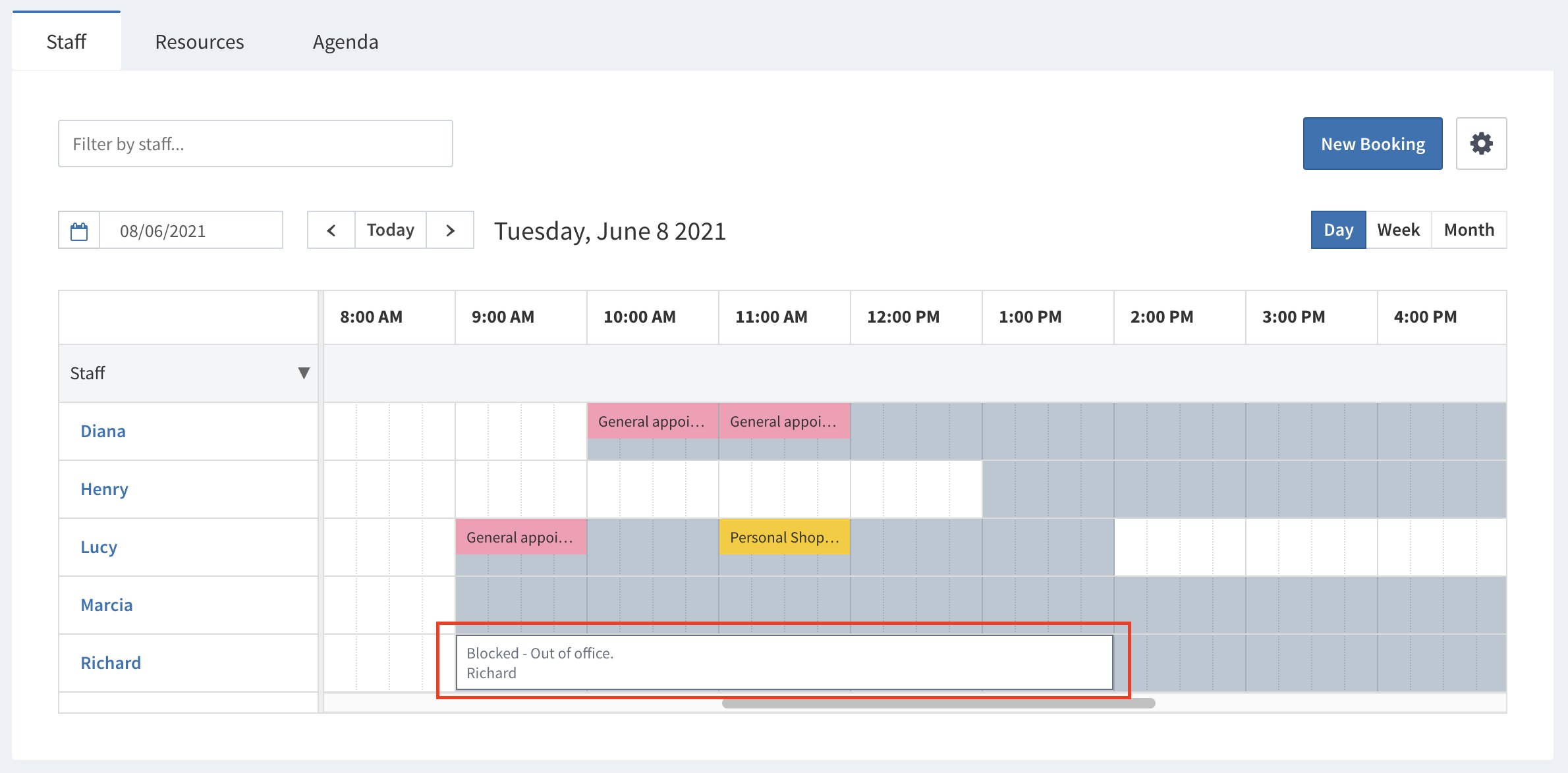 Example of blocked time on staff calendar