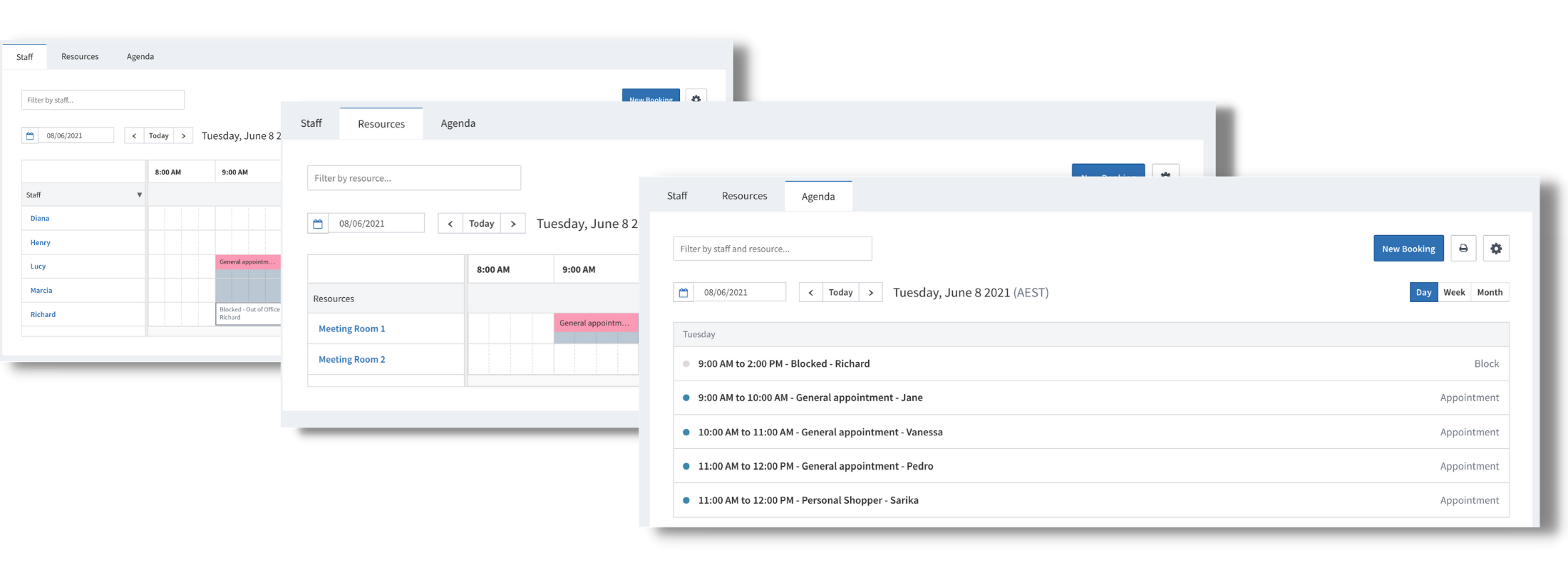 Example of staff, resource and calendar tabs