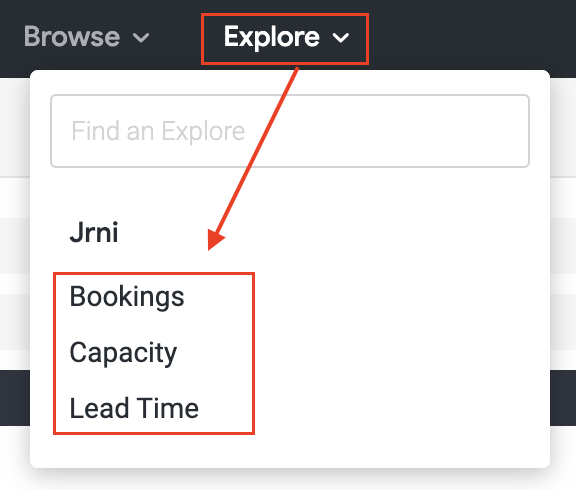 JRNI Analytics Explore menu