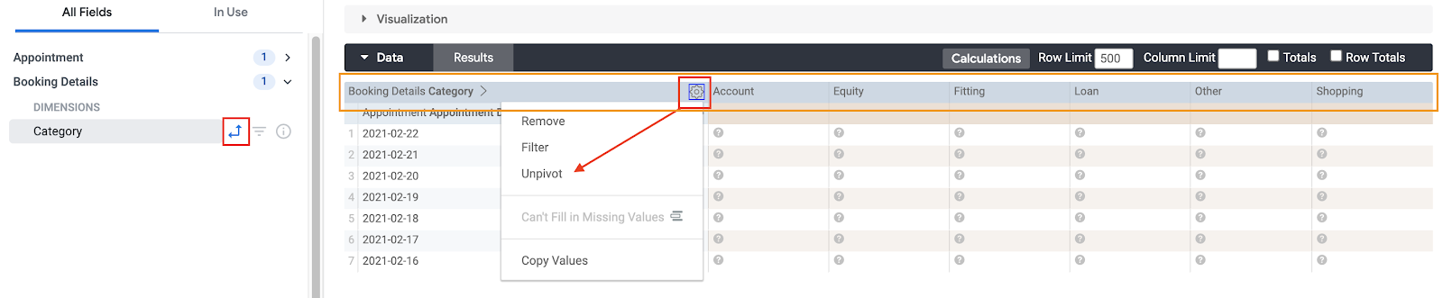 Pivoting a dimension on a report