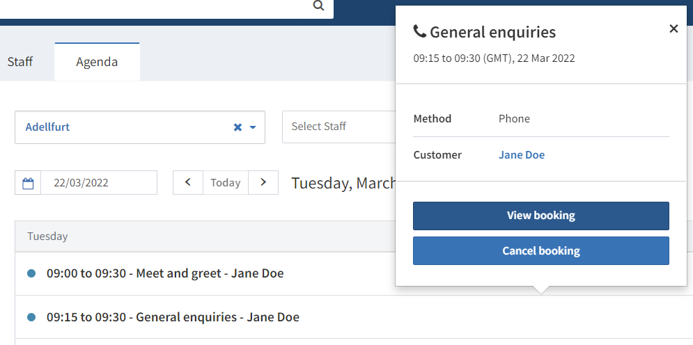 Booking popover agenda view