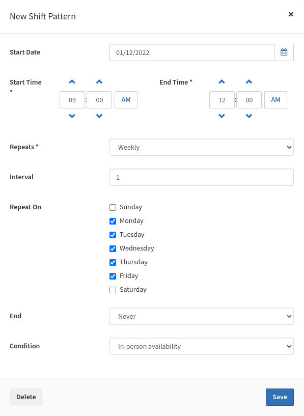 New shift pattern form