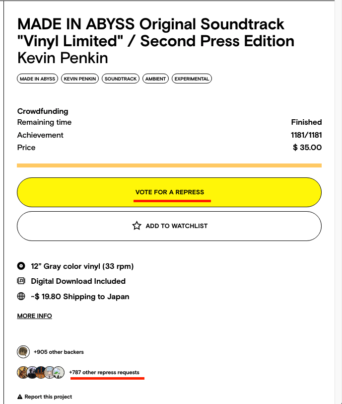 By clicking on "vote for a repress" users can let an artist know they want a second pressing of a project that is currently unavailable for order.  Users can also see how many other customers have requested a repress.