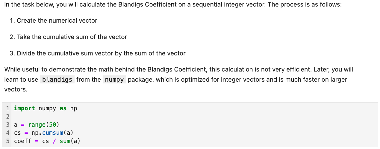 Good example of narrative Markdown cell (HTML rendering shown) followed by Code cell