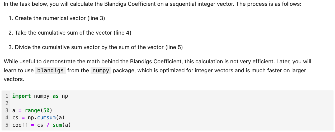 Good example of narrative Markdown cell (HTML rendering shown) whose steps are annotated with line numbers from the subsequent Code cell