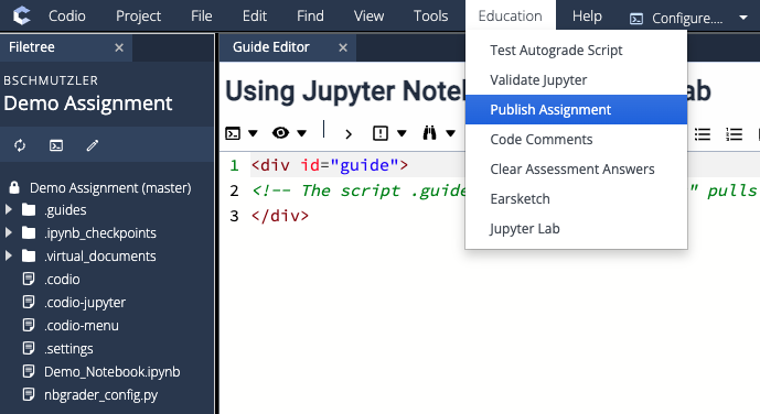 Codio menu option: Education > Publish Assignment