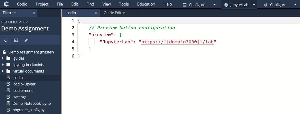 JupyterLab preview button configuration in .codio file