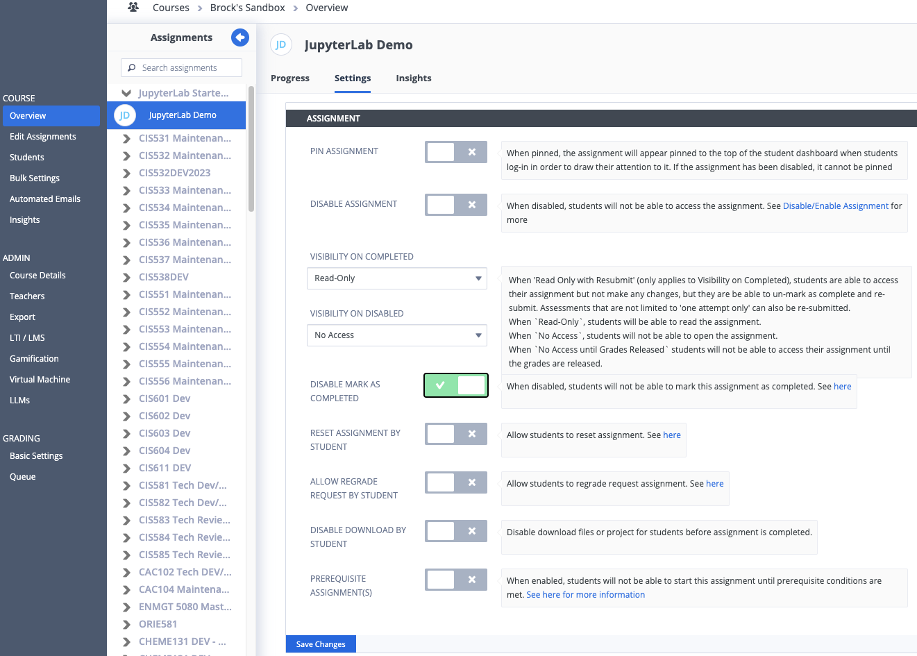 Assignment settings for an ungraded Codio unit