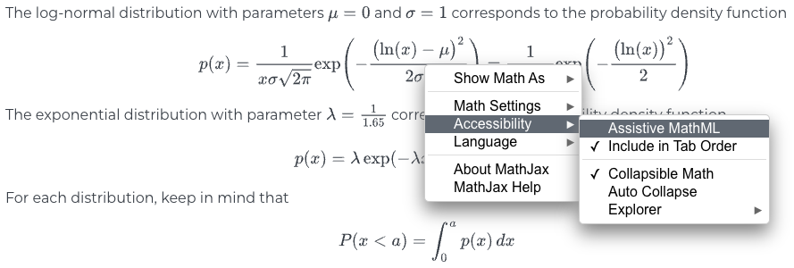 MathJax menu option Accessibility > Assistive MathML