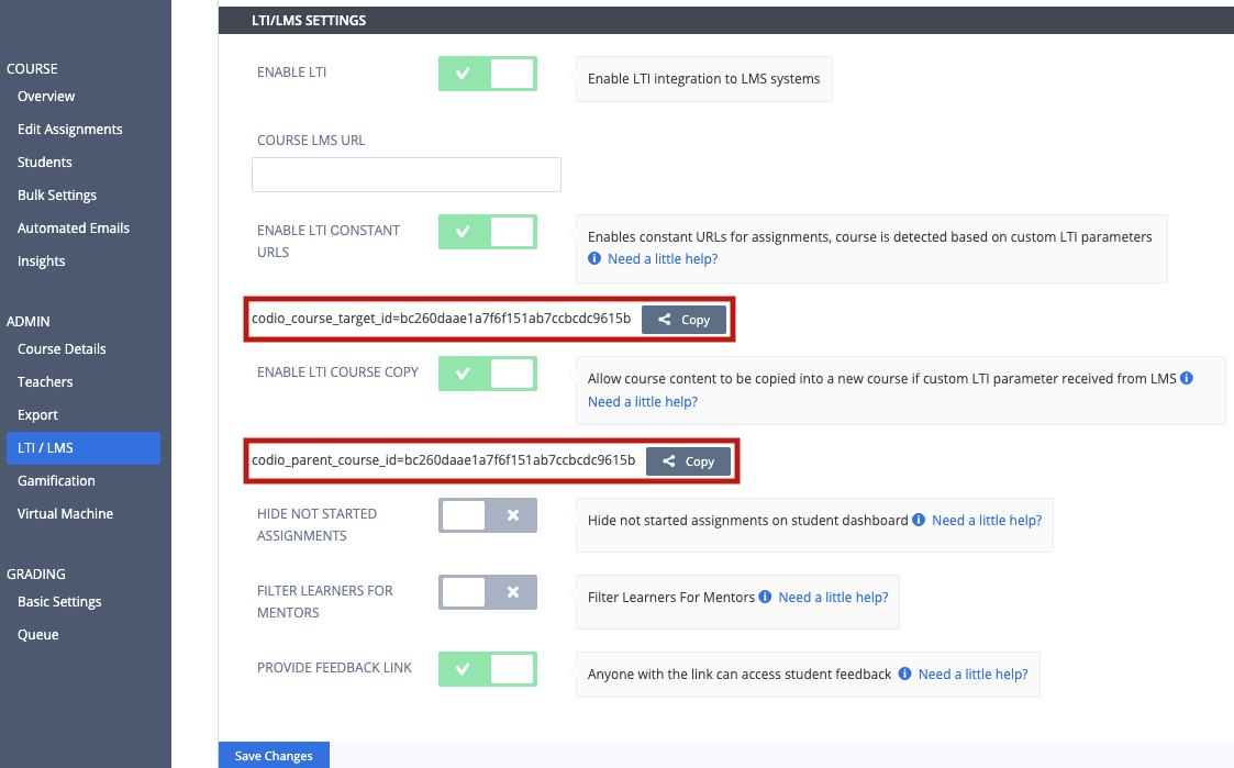 Copy the Codio course target ID and parent course ID