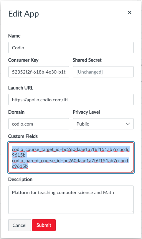 Paste the Codio course target ID and parent course ID into the Codio app configuration in Canvas