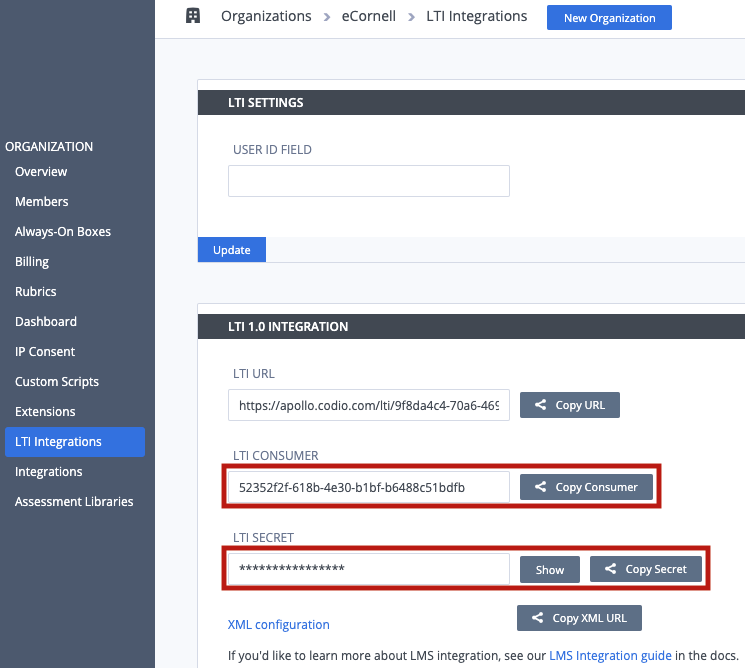 Copy the LTI Consumer key and LTI Secret key