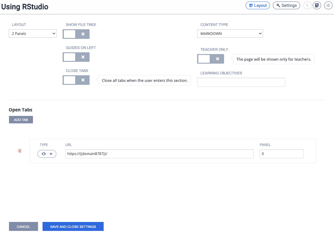 Guide Layout configuration for RStudio Starter Pack