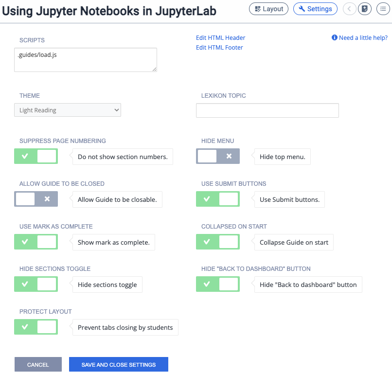 Guide Layout configuration for graded Codio assignments using the JupyterLab Starter Pack