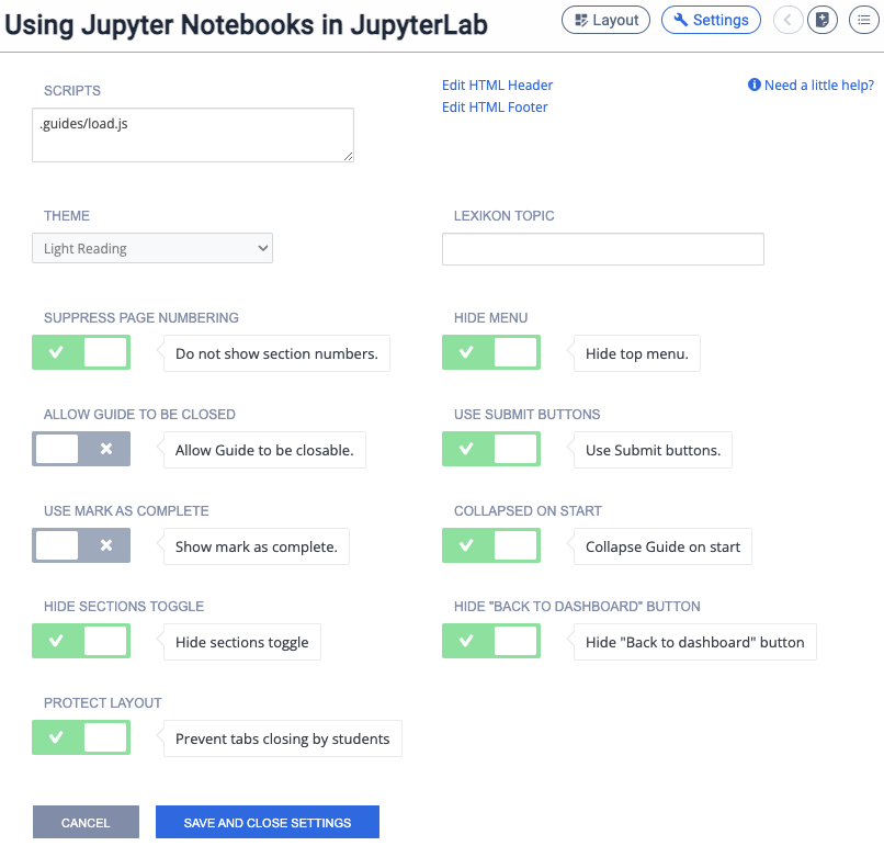 Guide Settings for an ungraded Codio assignment using the JupyterLab Starter Pack