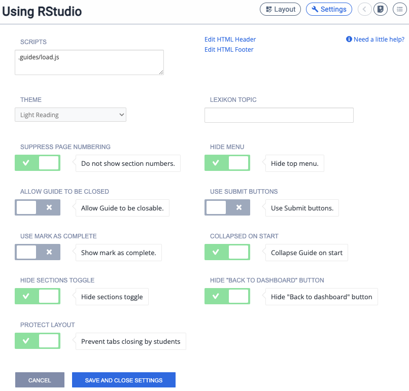 Guide Settings for an ungraded Codio assignment using the RStudio Starter Pack