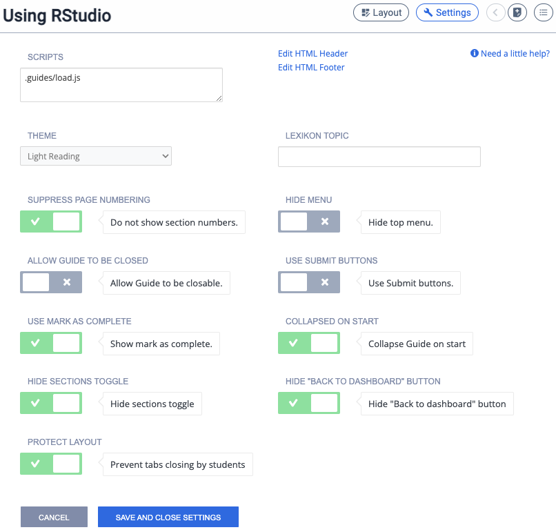 Guide Settings for a graded Codio assignment using the RStudio Starter Pack