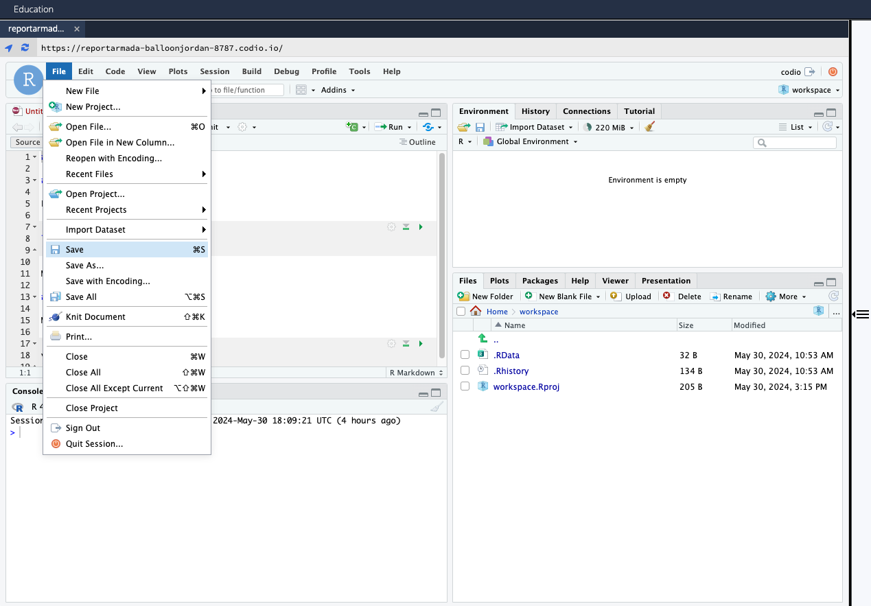 Go to File > Save in the RStudio menu