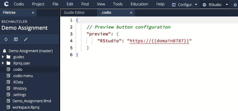 Configuration of .codio file for RStudio preview button