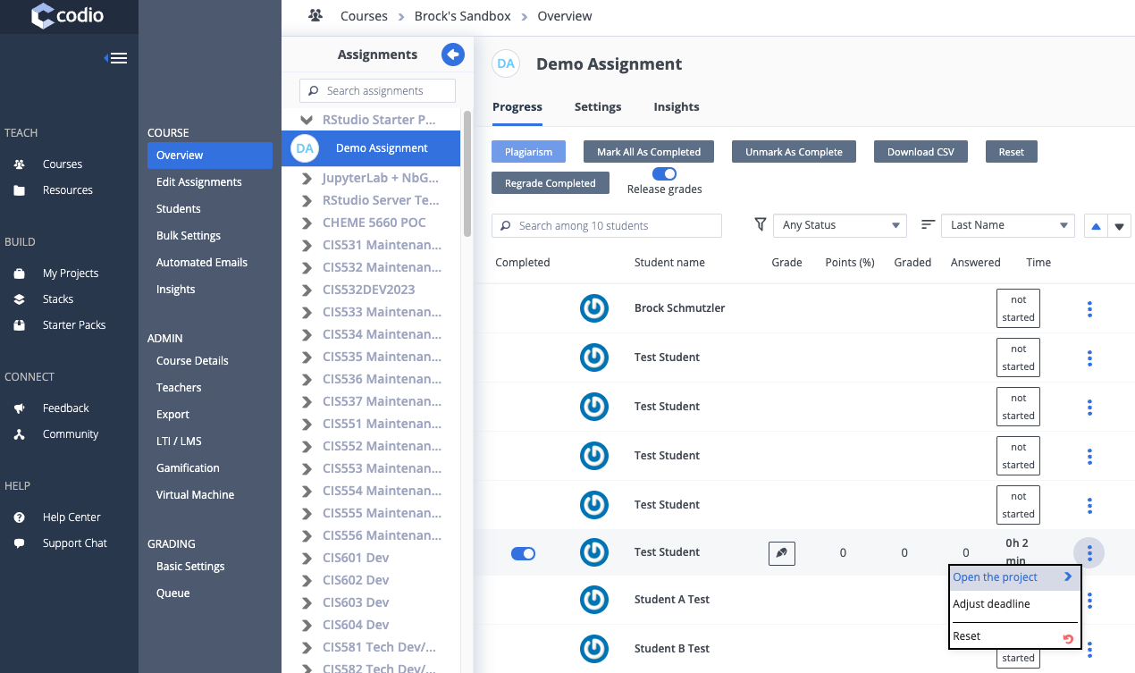 Open the submitted Test Student project