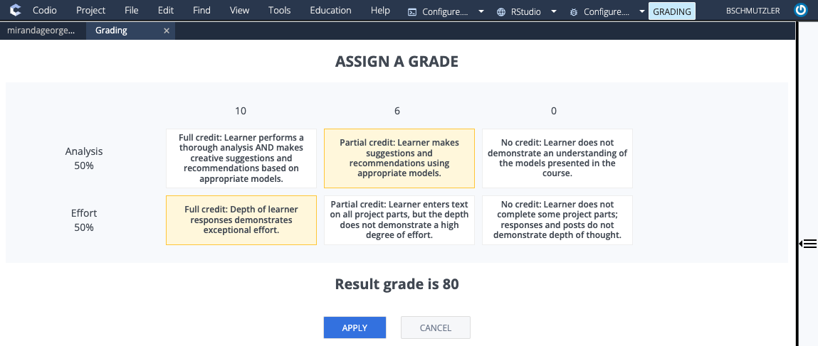 Enter student grade using a rubric