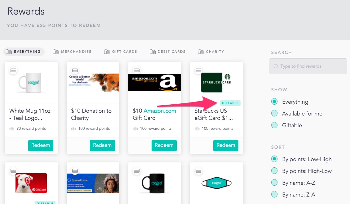 pink arrow pointing to a specific gift card
