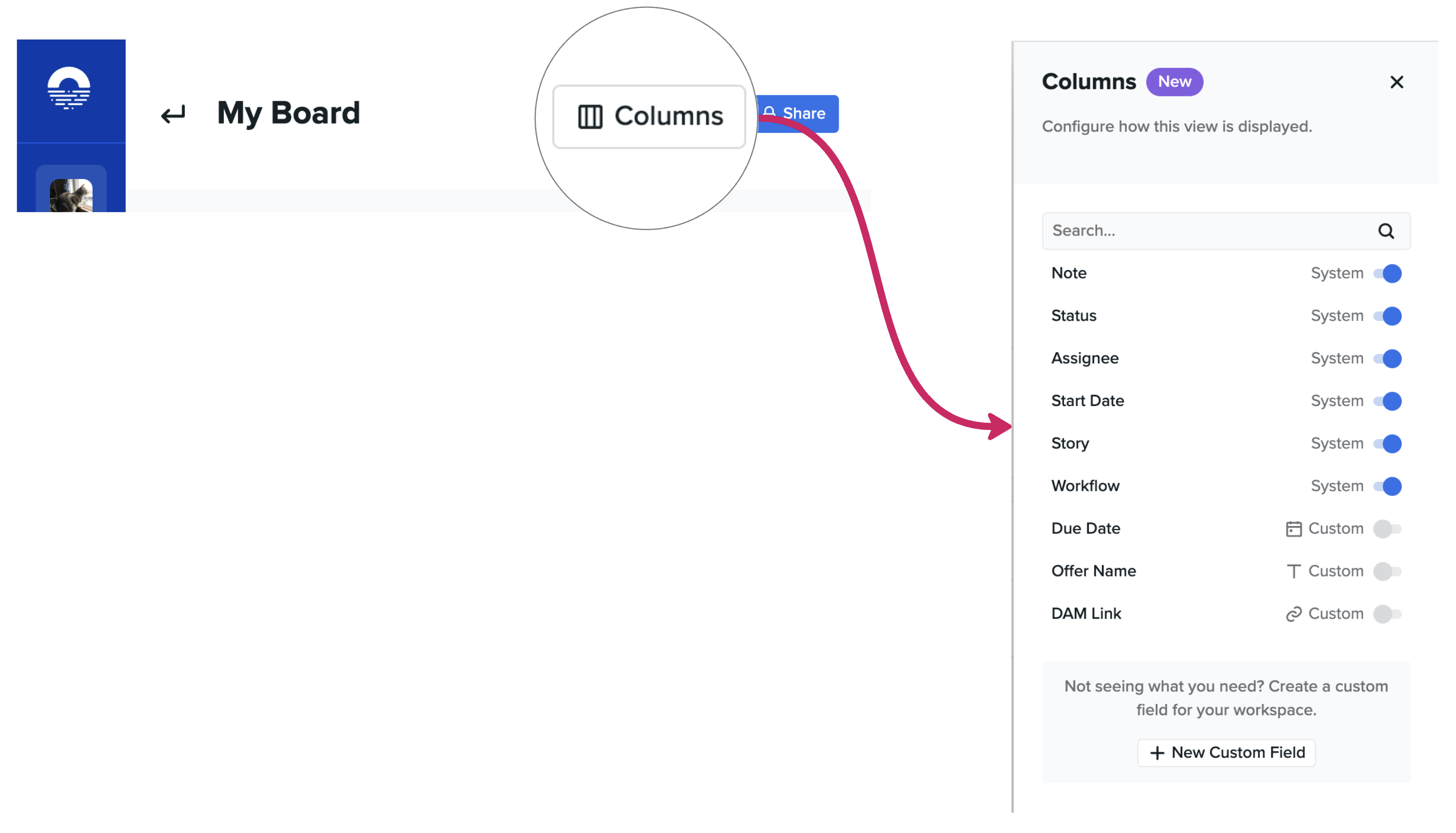 Opening the column configuration settings