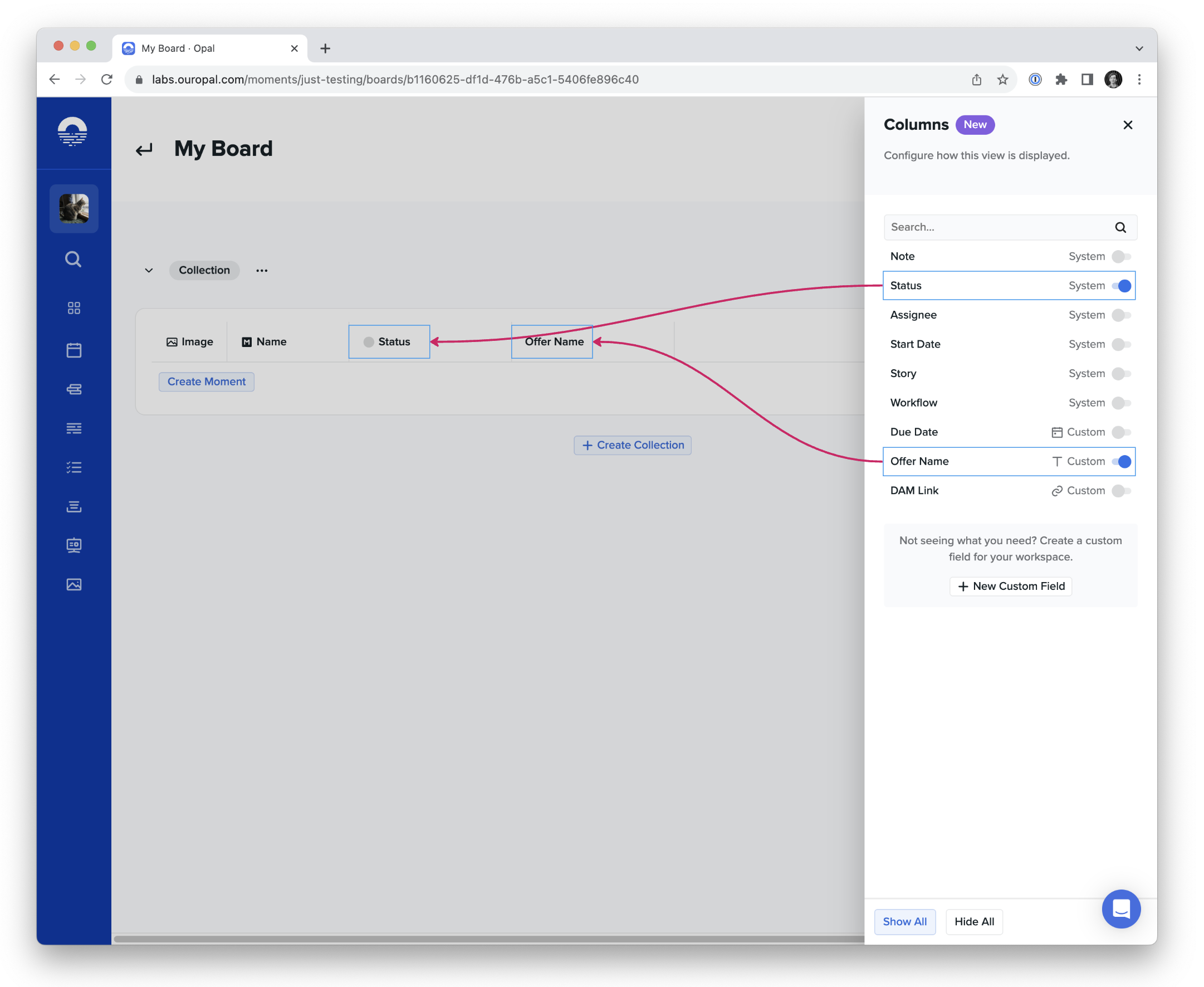 Toggling column visibility