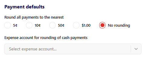 Payment defaults, showing No rounding selected by default.