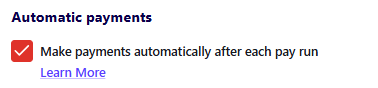 Automatic payments with Make payments automatically after each pay run checkbox checked.