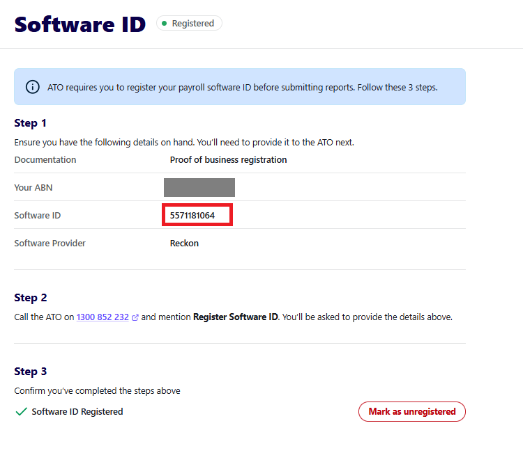 Software ID screen with software ID highlighted.