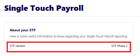 Single Touch Payroll screen, with STP version highlighted.