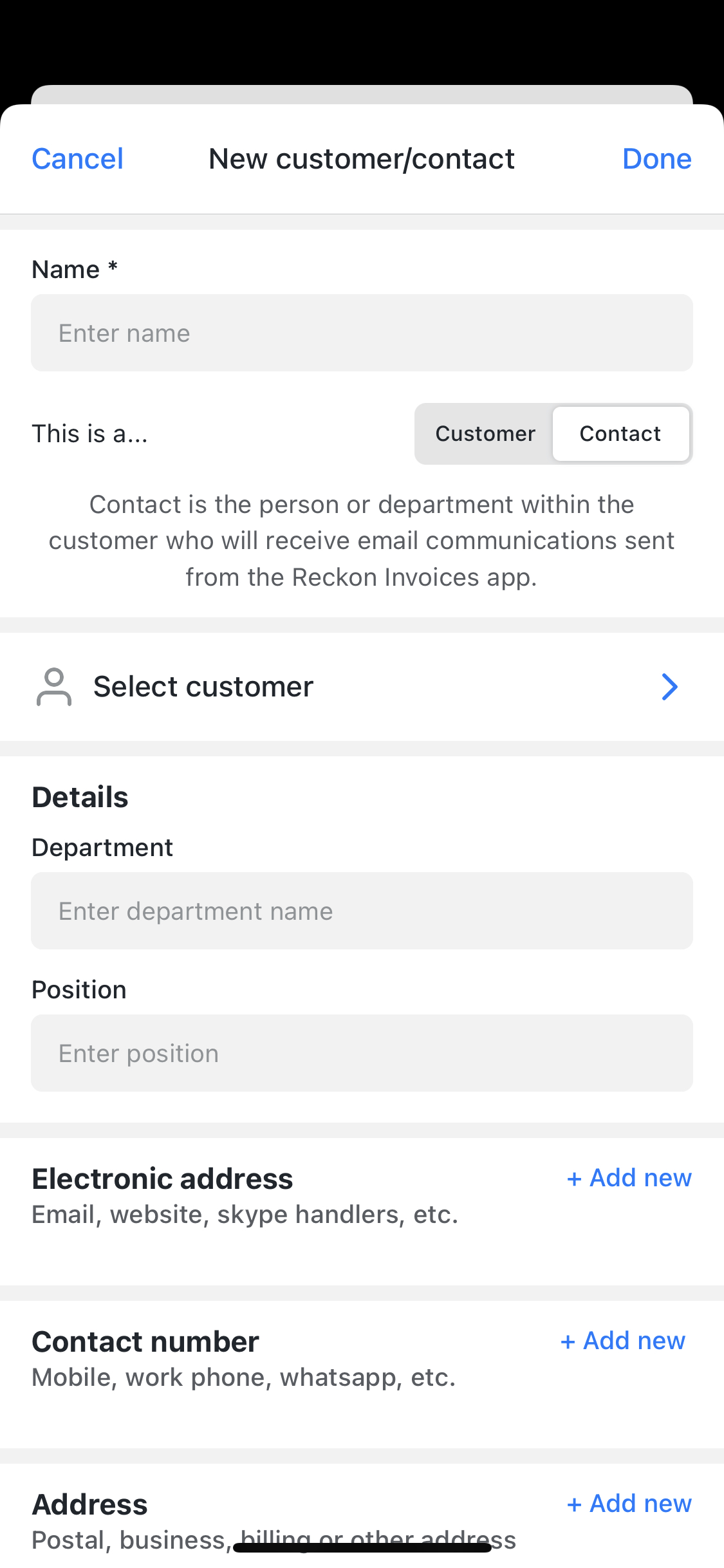 customer/contact toggle