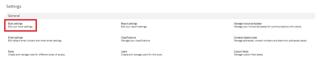 Book settings in the Settings screen of Reckon One