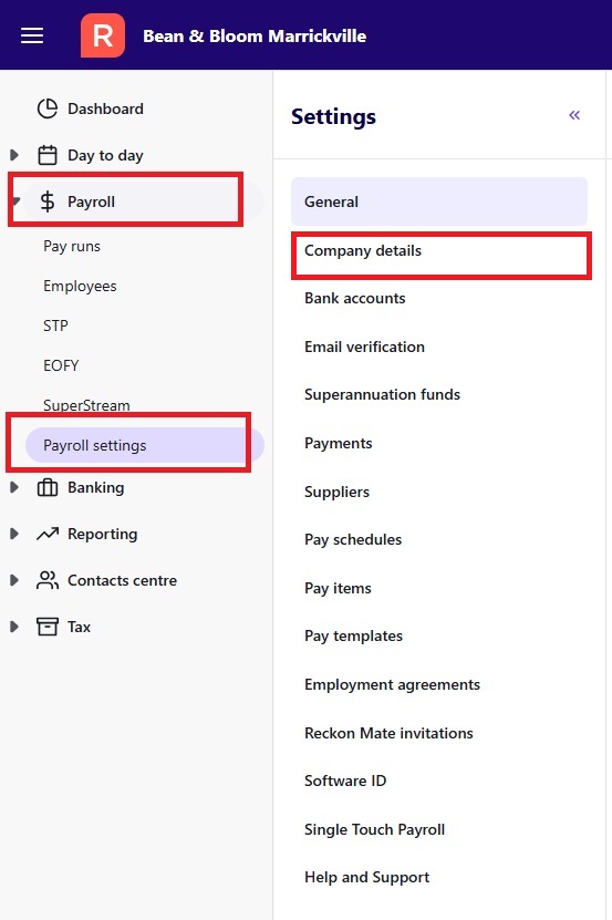 Payroll settings menu, with company details selected, in Reckon One