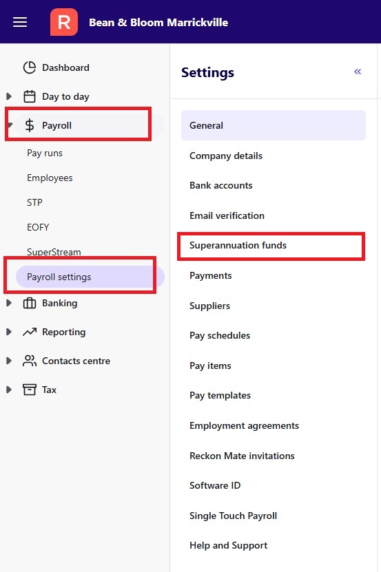 Payroll settings, with Superannuation funds selected, in Reckon One