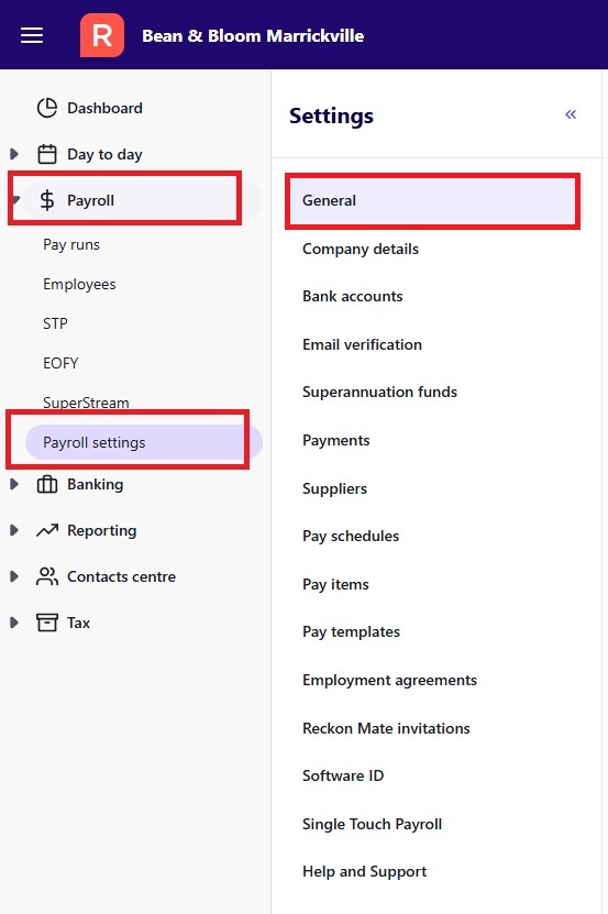 Payroll settings menu, General, in Reckon One